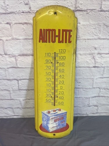 Rare Original Vintage Auto-Lite Battery Metal Thermometer Sign Gas Oil USA