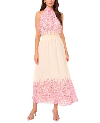 Vince Camuto Women's Floral-Print Halter-Neck Chiffon Maxi Dress Cream Pink  M | eBay