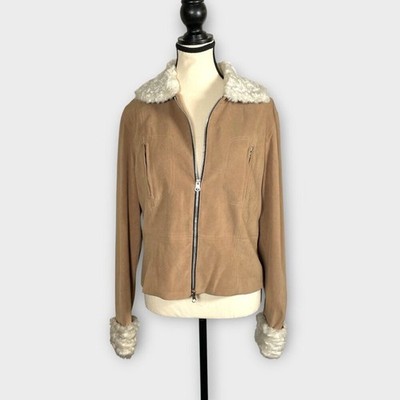 ABS by Allen Schwartz Jacket 12 Faux Fur Trim Tan Camel Fully Lined EUC