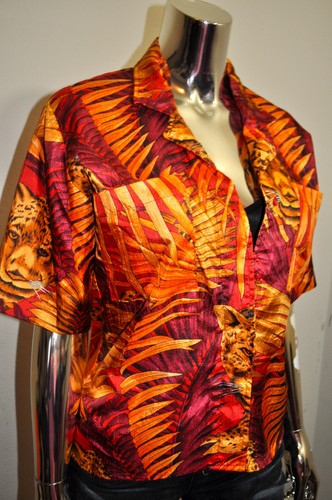 CAMISA RARA VINTAGE GAUDY CHIC AÑOS 80 COLOR AUDAZ TIGRE BOTÓN ABAJO CORBATA DELANTERA TALLA 6 - Imagen 3 de 10