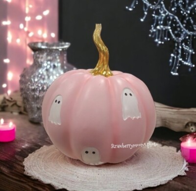 Halloween Shabby Chic Pink Pumpkin Ghost Gold Stem Holiday Figure Decor New