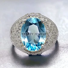 Aquamarine Oval Cut Gemstone With 925 Sterling Silver Ring For Men's #195