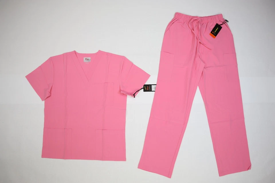 Beverly Hills Uniforms Unisex Pink V-Neck Straight Leg Top Bottom Scrub Set M - Image 3 of 4