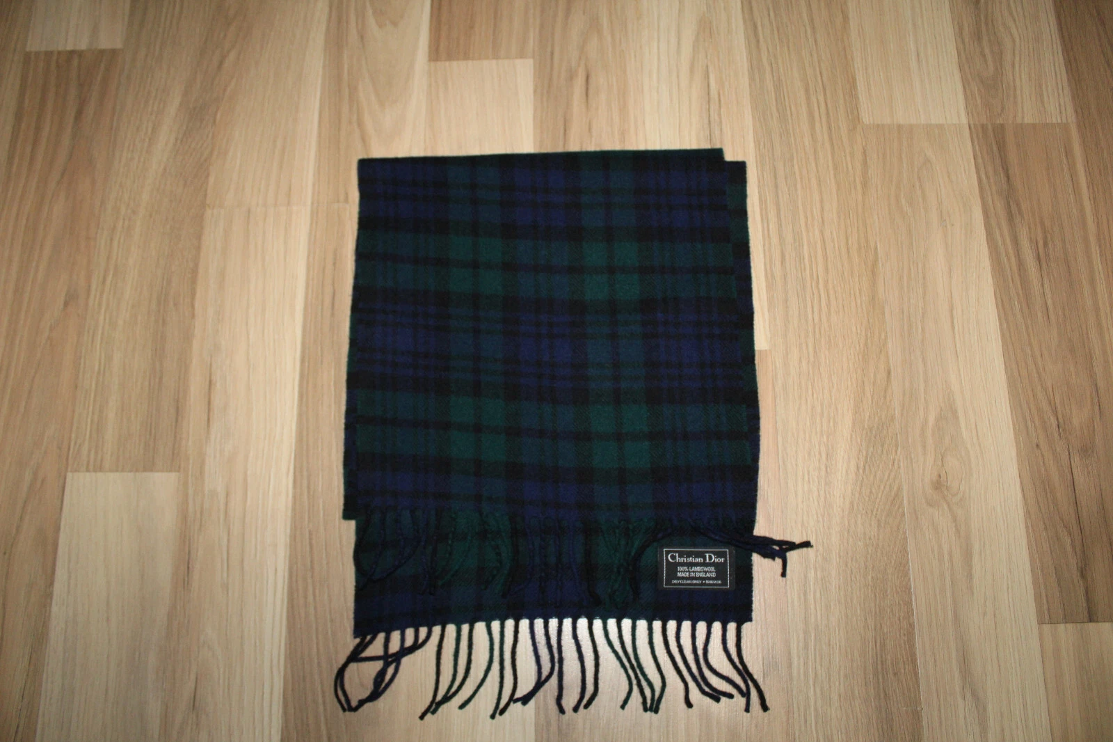 Écharpe plaid Christian Dior Londres 100 % laine d'agneau bleu   vert frangée 144x30 cm