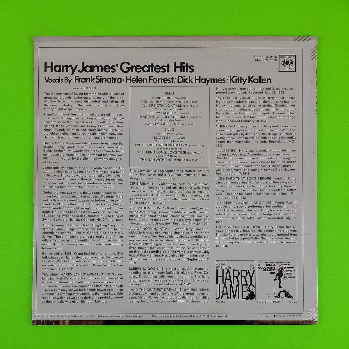 Harry James Greatest Hits Vinyl LP Record Columbia CS 9430 Frank