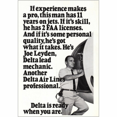 1971 Delta Airlines: If Experience Makes a Pro, Joe Leyden Vintage Print Ad