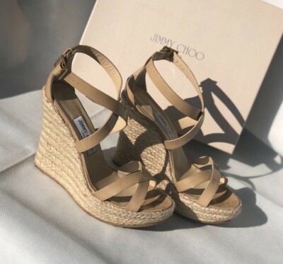Jimmy Choo Wedges Porto Nude Bast 39.5 Gold Shoes Sandals Summer Bloggers Wedge