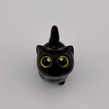 Adorable Tiny Black Wood Cat With Yellow Eyes Desk Figurine 1.25 Inch