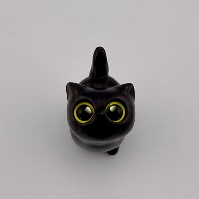 Adorable Tiny Black Wood Cat With Yellow Eyes Desk Figurine 1.25 Inch