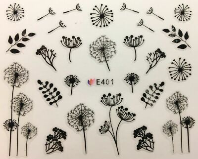 Nail Art 3D Decal Stickers Black Sketch Dandelion Flowers E401