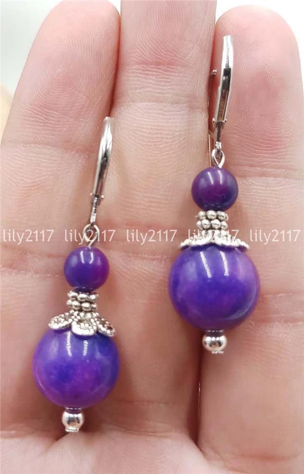 Hermosos pendientes colgantes naturales de 6-12 mm de perlas redondas de piedras preciosas de sugilita púrpura AA Foto 3 de 3