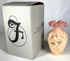 Fenton Vase Criss Cross Diamond Optic Burmese Custard Glass Painted by C. Smith