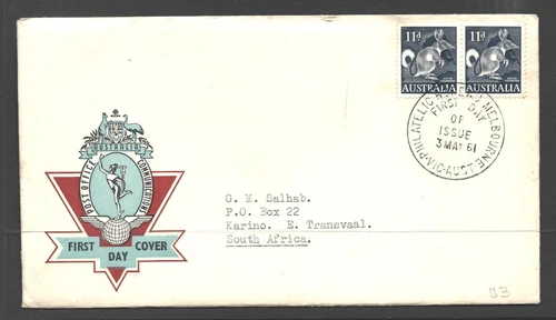 AUSTRALIA, 1961 11d BANDICOOT X 2 (HERMES CACHET)  FDC , S.G 319 USED (o)
