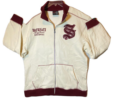 SouthPole Fleece Varsity Zip Mens Jacket Cream & Burgundy SZ XXL