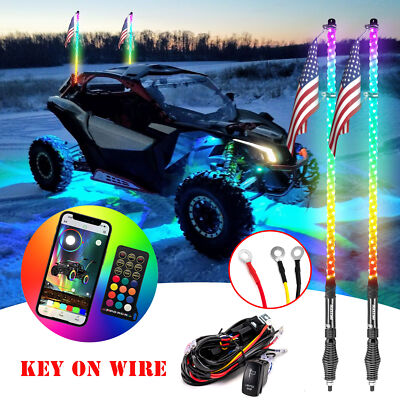 2x 4FT Spiral RGB Whip Light & Key On Wire For Polaris RZR XP 1000 Turbo S 900