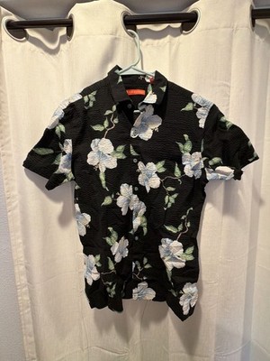 Tori Richard Hibiscus Floral Print Seersucker Button Up Shirt