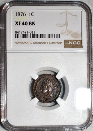 NGC XF-40 BN 1876 Indian Head Cent, Attractive, Mid-Grade, Tougher-Date.
