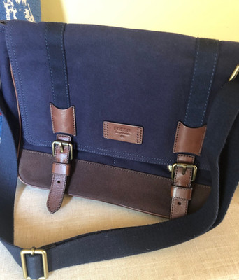 FOSSIL ~ FAB MEN'S NAVY CANVAS AND LEATHER MESSENGER OR LAPTOP BAG ~