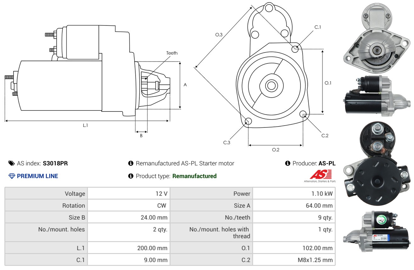 Fits AS ROZRUSZNIKI I ALTERNATORY S3018PR ROZRUSZNIK REMANUFACTURED AS-PL START