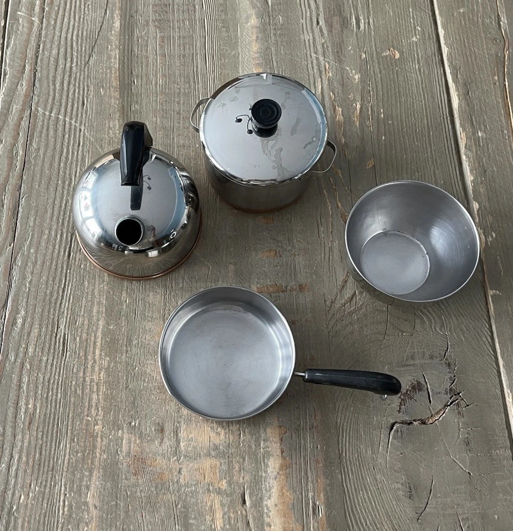 Vtg Revere Ware Copper Bottom 5 Piece Lot Saucepan Pot Lid Kettle Mixing Bowl