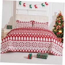 3-Piece Christmas Quilt Set Queen/Full Size Cozy Xmas Full/Queen Red White