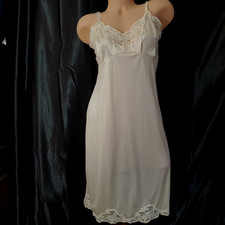 Vintage Full Slip Dress IVORY SATIN Nylon Chemise Nightgown FLAWED Small