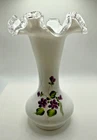 Vintage Fenton Violets In The Snow Milk Glass Bud Vase w/Ruffled Clear Glass Rim