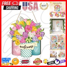 Handcrafted Wooden Spring Welcome Sign with Vibrant Flower Design - 12.4" Round