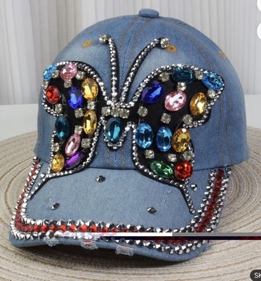 Butterfly Rhinestone Denim Baseball Hat By The Alabama Girl / Strap Back One Sz