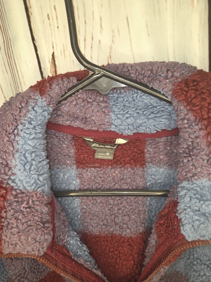 Top suéter de mujer Eddie Bauer azul y granate mediano cuarto cremallera polar sherpa Foto 2 de 4