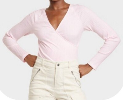 Target Universal Thread Pink Ribbed Wrap Top Shirt Long Sleeve size M New