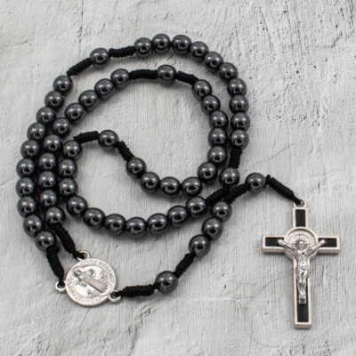 Saint St Benedict Medal Cord Rosary Black Hematite Beads Rosario San Benito 12''