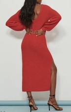 NWT NAKD Knitted Open Back Wide Sleeve Slit Dress Red Women's Size Small/Medium