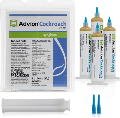 GENUINE Advion Roach Killer | 4 PACK | Cockroach Gel Bait Tubes + Plunger & Tips