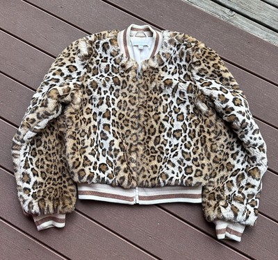 Spiritual Gangster Faux Fur Bomber Jacket Womens Small Brown Cheetah Print  Zip