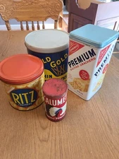 set of four authentic vintage tins rold gold, calumet, ritz, saltines