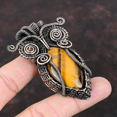 Tiger'S Eye Wire Wrapped Owl Pendant Handcrafted Copper Holiday Jewelry 2.83''