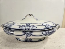 Flow Blue Lidded Tureen Lily Of The Valley, Unmarked, 12" Vegetable Serving Dish
