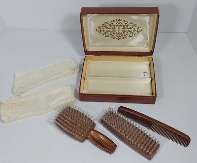 Vintage EMPIRE HAIR BRUSH & COMB VANITY SET Nylon Bristled Brown Copper Glo USA