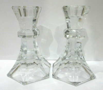 Small Hexagon Pattern Lead Crystal Candle Sticks Holders 5'' Tall - PERFECT!