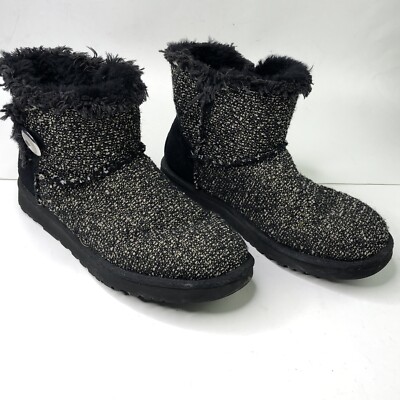 UGG Boots Mini Bailey Rhinestones Button Tweed Black Size 9 US