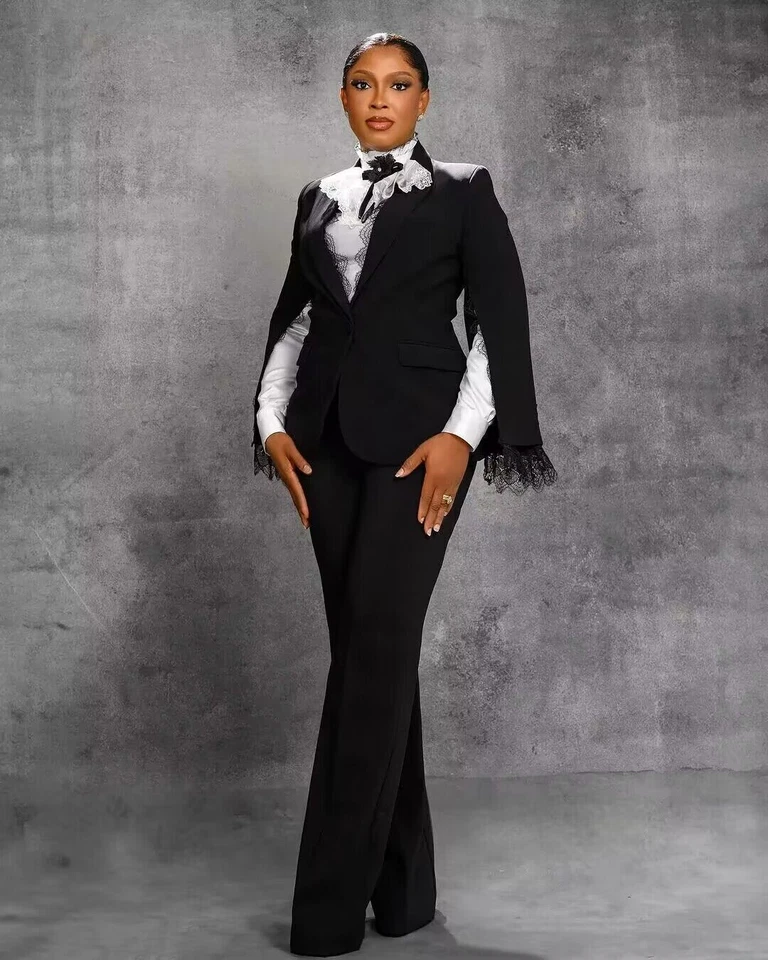 Trajes negros de talla grande para mujer con encaje formal dama oficina trabajo abrigo pantalón Foto 3 de 4