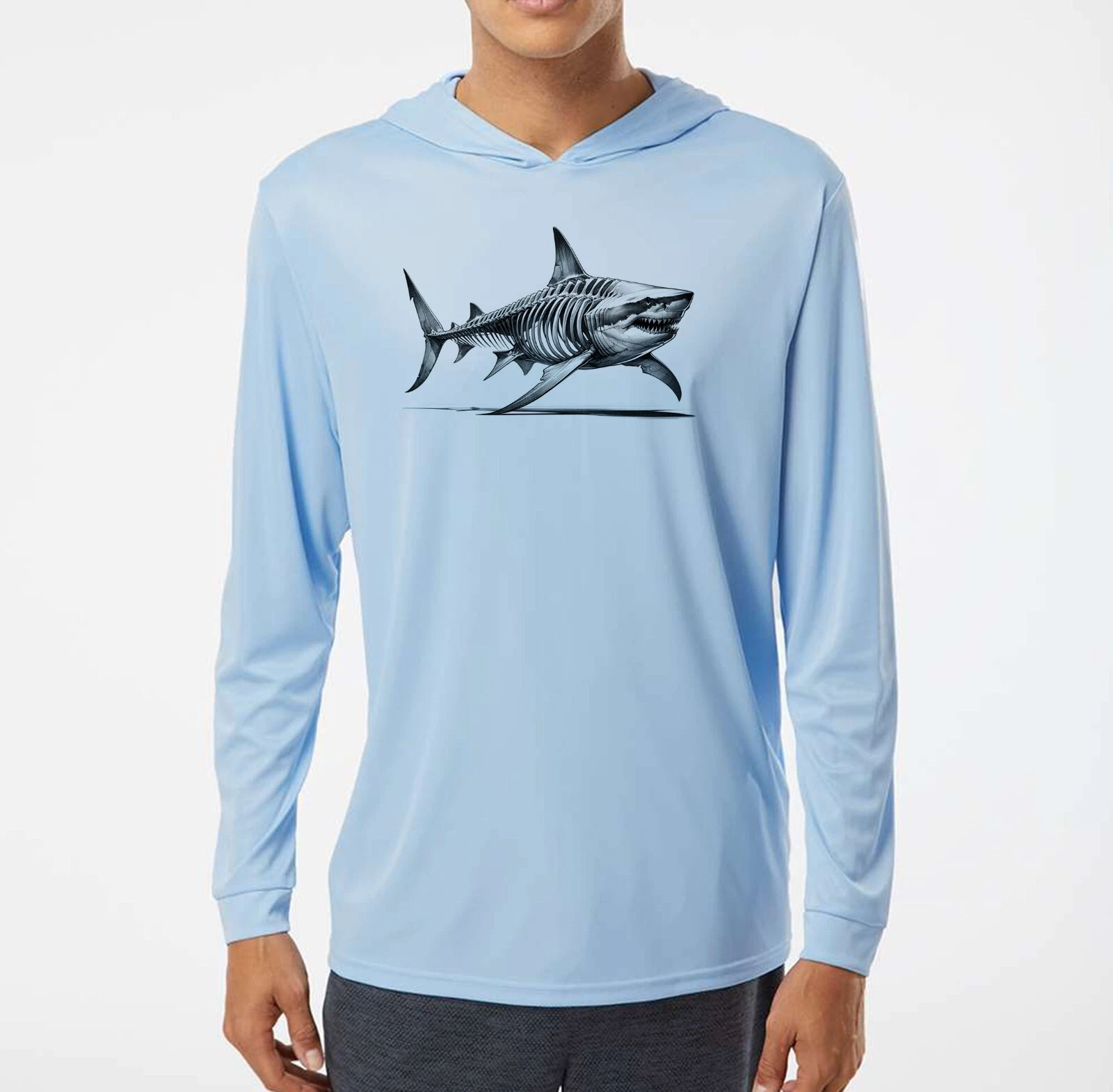 Shark Fish Skeleton Fishing Capitan UV Protected UPF 50 Long Sleeve T-Shirt Hood