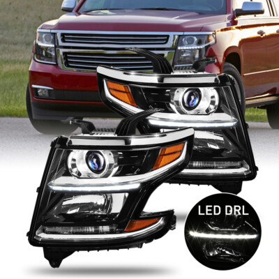 Pairs of 2015-2020 Chevy Tahoe Suburban LED DRL Projector Black Headlights Sets