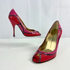 Vtg DOLCE & GABBANA Size 37 US 7 Pink Red Python Leather Peep Toe Pumps Heels