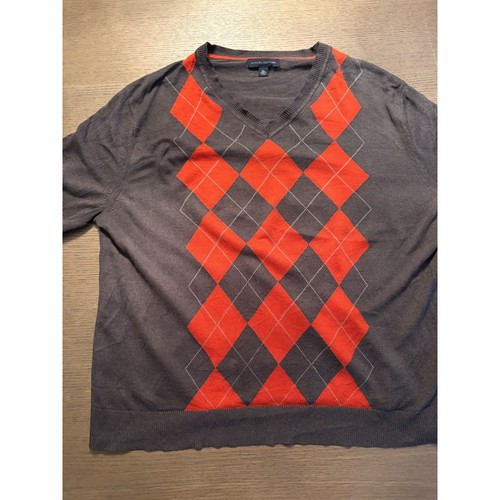 Banana Republic, Banana Republic Mens Silk Cashmere Argyle V-Neck Sweater Grey Orange XL