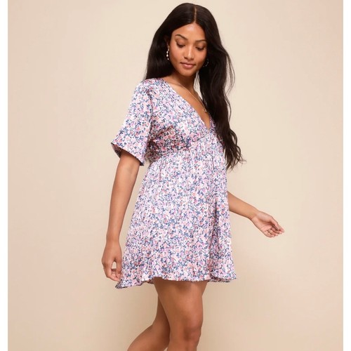 Lulus Express Yourself Blush Pink Floral Print Satin Babydoll Dress Womens XL