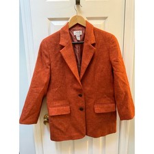 Talbots Petites Vintage 100 Wool Blazer Burnt Orange Rust Crest Button Size 14P