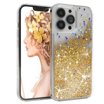 Für Apple iPhone 13 Pro Handyhülle Flüssig Glitter Hülle Schutz Handy Cover Gold