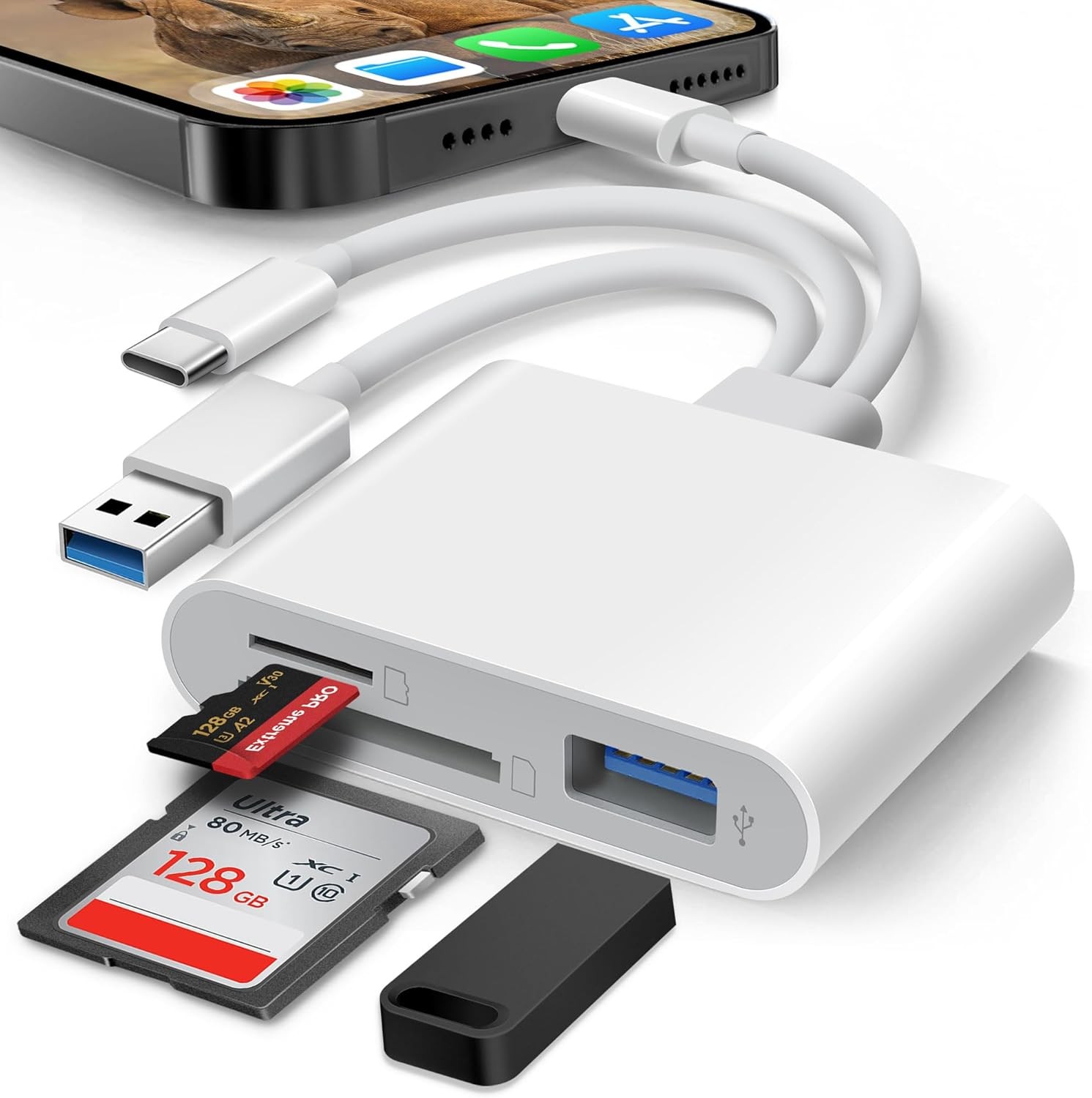 SD Card Reader for iPhone iPad Mac, Lightening & USB-C & USB-A 3 in 1 Memory SD-image